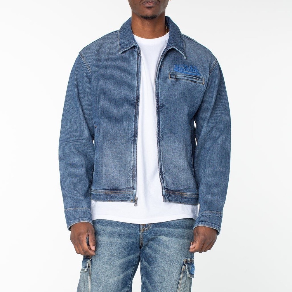 Von Dutch The Phase Cotton Pinstripe Blue Denim Zip-Up Trucker Jacket Medium NWT